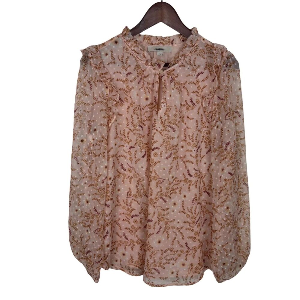 Loft Pink Swiss Dot Brown Floral Leaf Print Sheer Blouse Top Women's Large